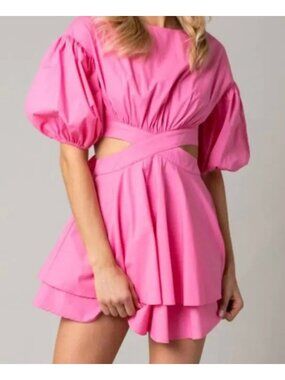 Olivaceous Cindy bubblegum pink cutout dress small short puffy sleeves casual